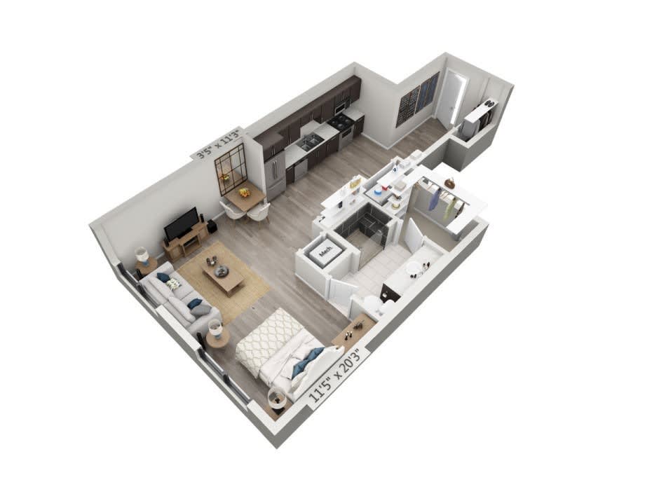 3D floor plan of a modern one-bedroom apartment with an open living area and kitchen.