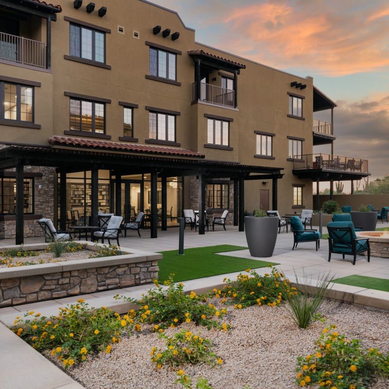 A modern apartment building with outdoor seating and landscaped gardens at sunset.