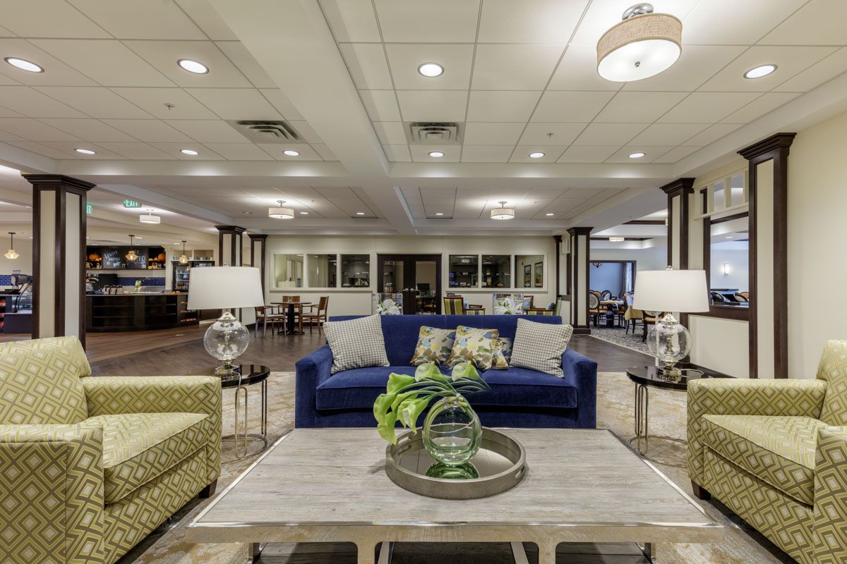A modern lobby area with comfortable seating and stylish decor.
