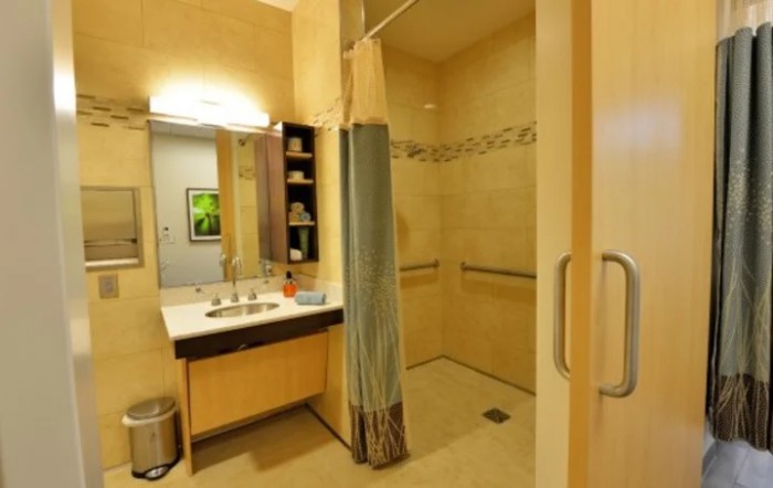A modern bathroom with a sink, mirror, and shower area.