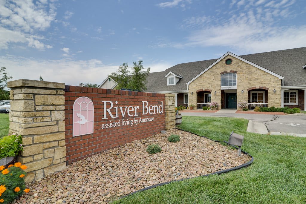 Entrance sign for River Bend assisted living community.