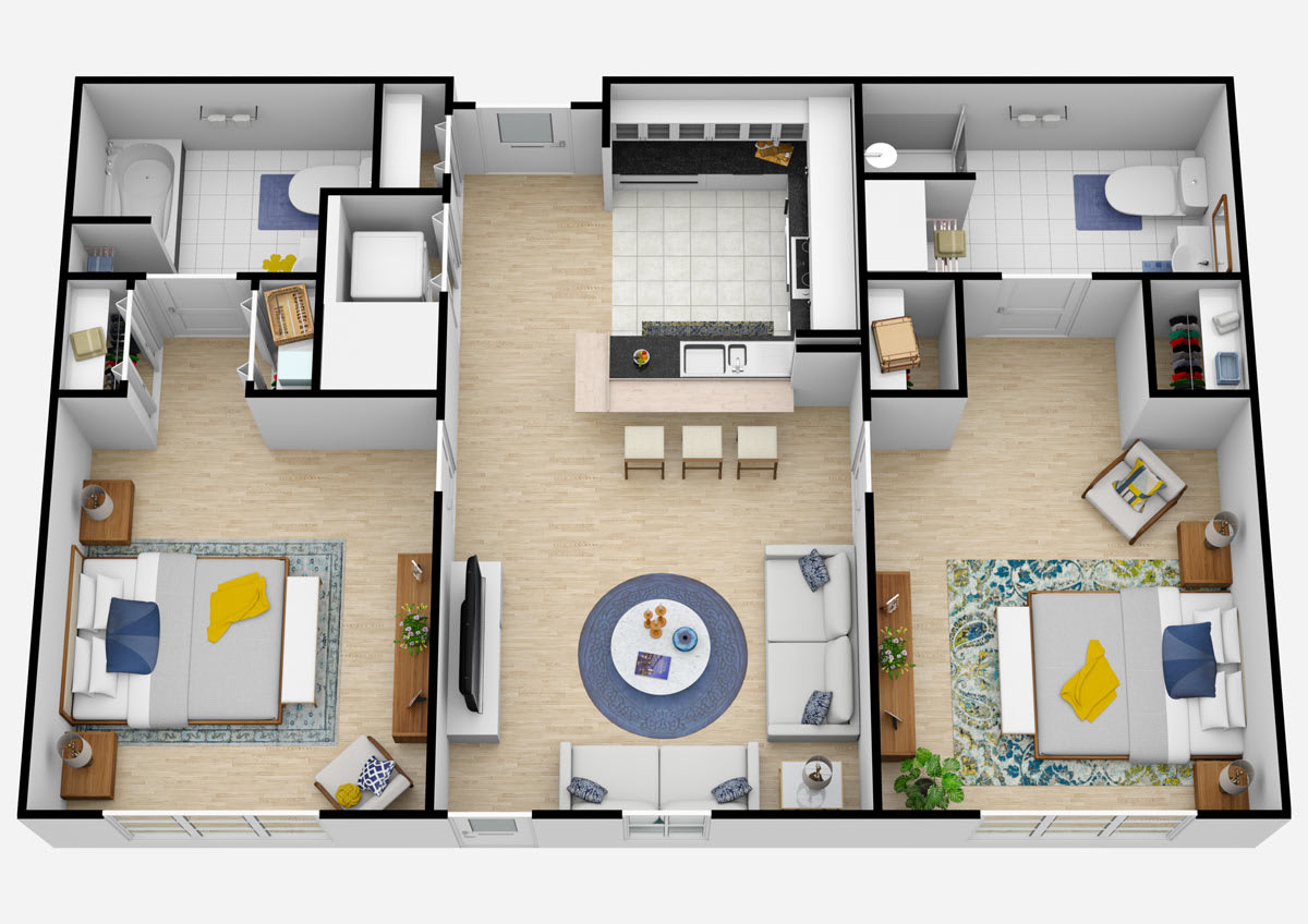 A 3D floor plan of a modern apartment with two bedrooms, a living room, and an open kitchen.
