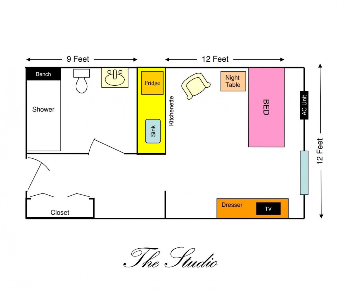 A floor plan of a studio apartment showcasing different areas including the kitchen, bathroom, and living space.