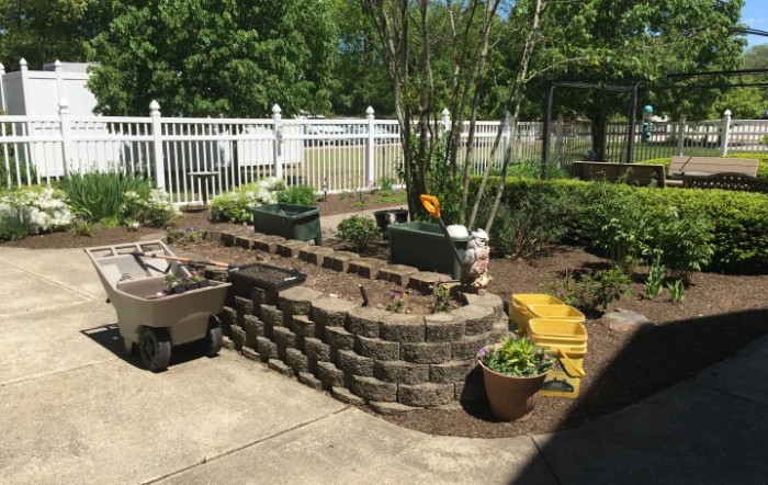 A beautifully arranged garden with raised beds and planters on a sunny patio.