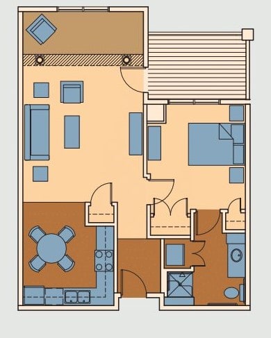 A detailed floor plan of an apartment, illustrating the layout of rooms and furniture placement.