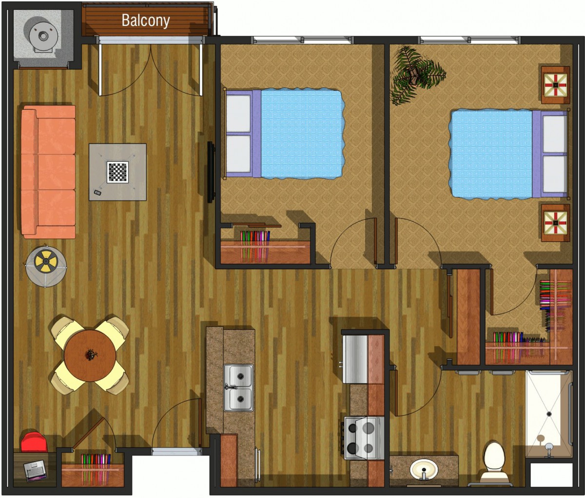 Two-bedroom apartment floor plan with a balcony, kitchen, and living room area.