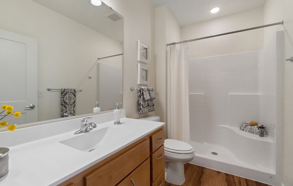 A modern bathroom with a sink, mirror, shower, and toilet.