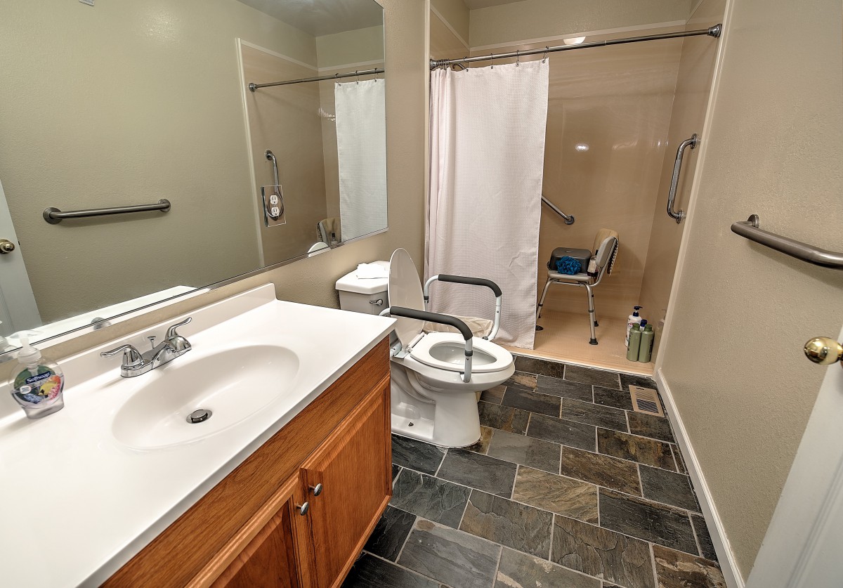 An accessible bathroom featuring a sink, toilet with grab bars, and a walk-in shower.