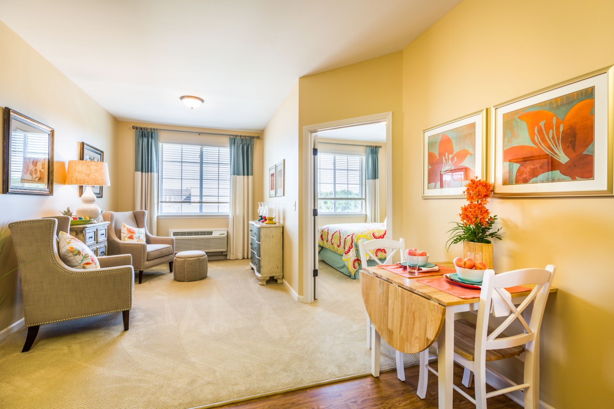 A cozy apartment living area with comfortable seating, a dining table, and large windows allowing natural light.