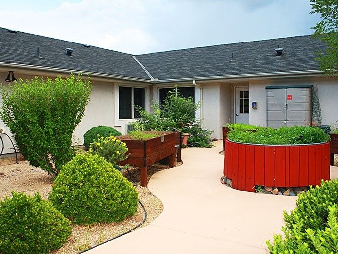 A tranquil courtyard garden with well-maintained bushes and a clear pathway.