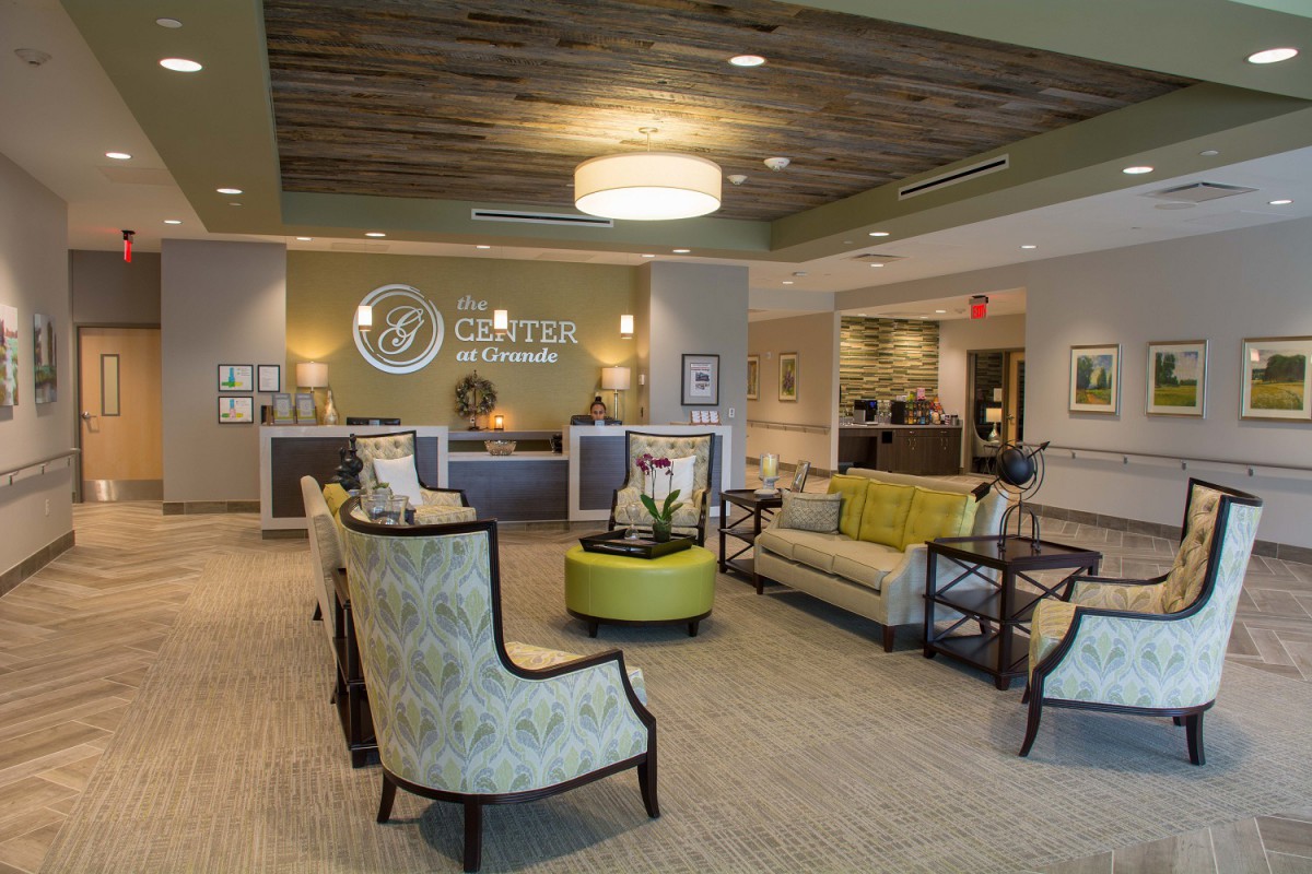 A modern reception area with comfortable seating and stylish interior design.