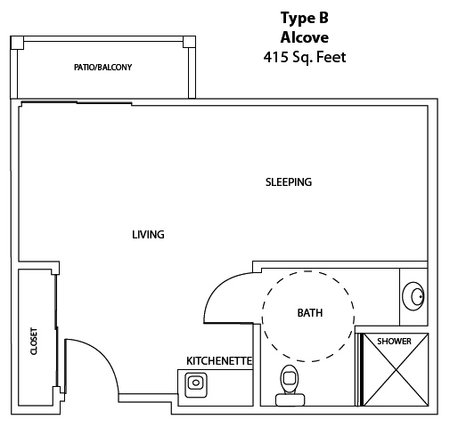 Floor plan of a Type B alcove studio apartment with a total area of 415 square feet.