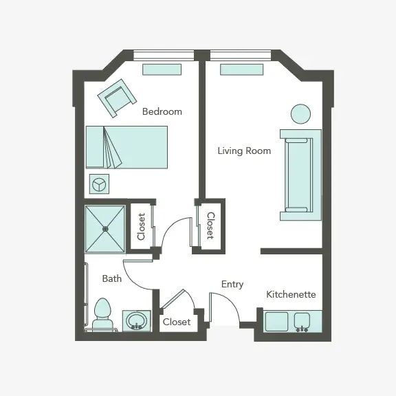 A floor plan of a compact apartment featuring one bedroom, a living room, kitchen, and bathroom.