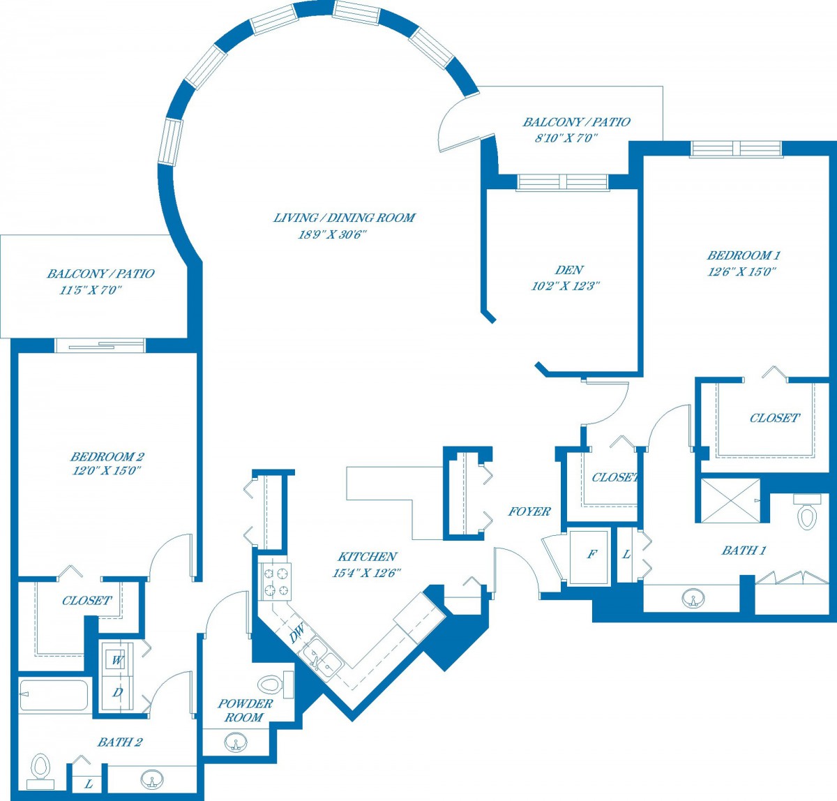 Architectural floor plan of a residential space with labeled rooms and dimensions.