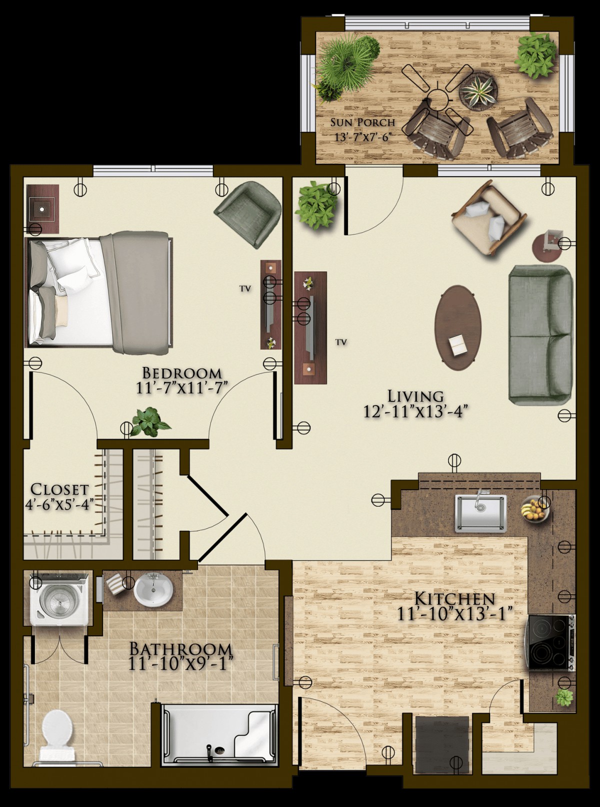 A detailed floor plan of a one-bedroom apartment featuring a living room, kitchen, and bathroom.