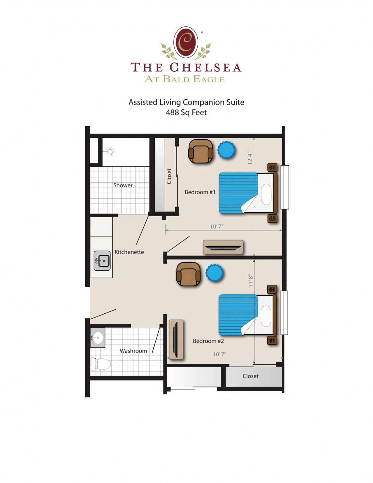 Floor plan of a two-bedroom independent living companion suite.