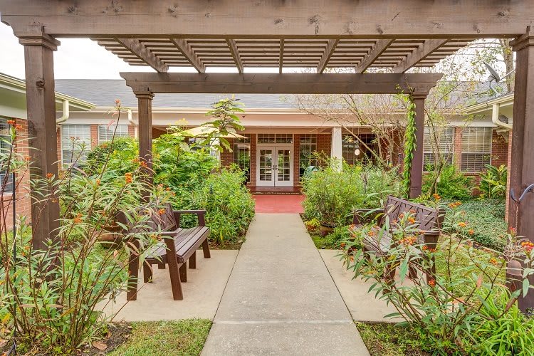 A peaceful garden pathway with benches and lush greenery under a pergola.