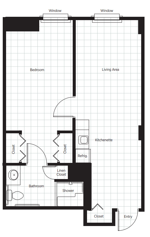 A detailed floor plan of a one-bedroom apartment with labeled rooms.