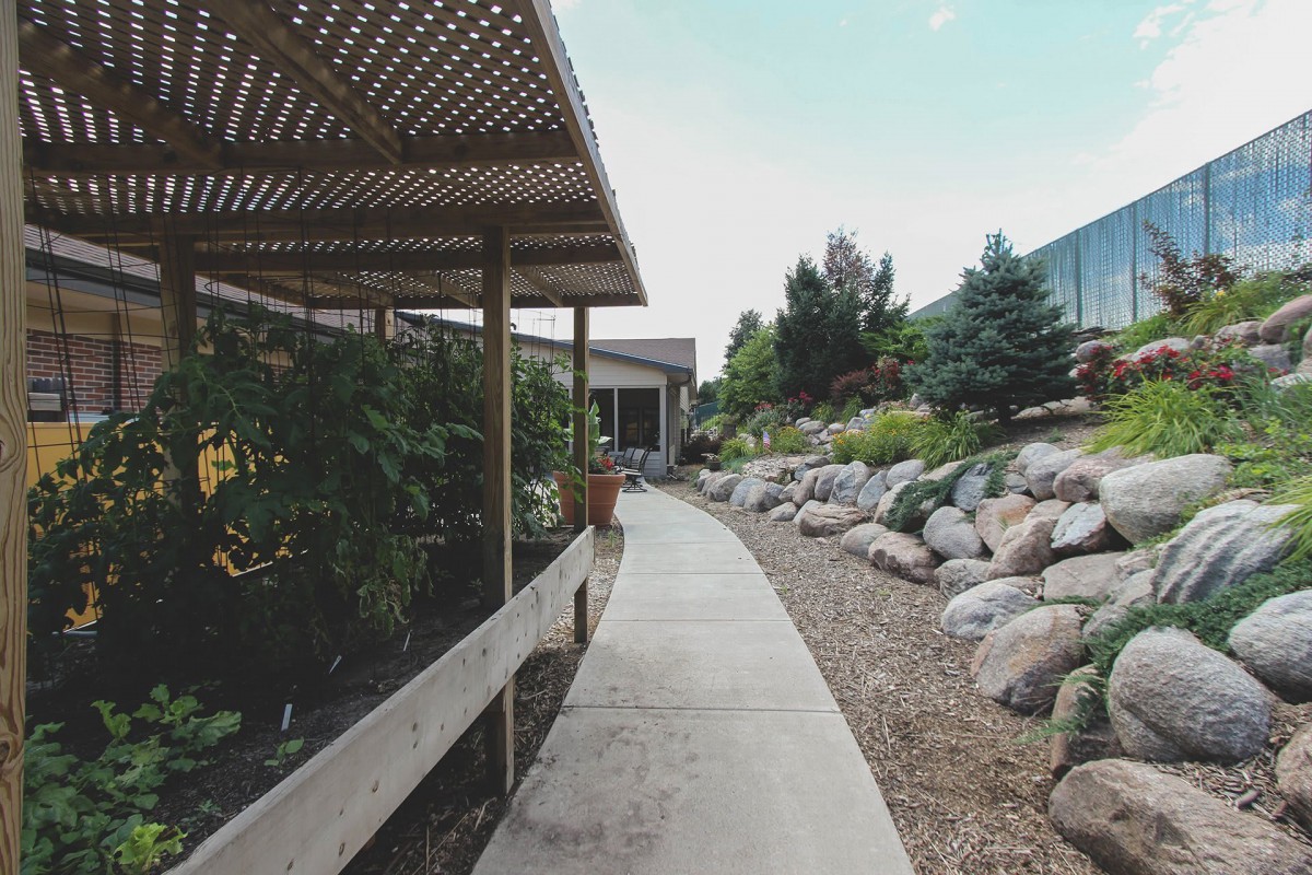 A serene outdoor garden path with a shaded canopy and surrounding rocks.