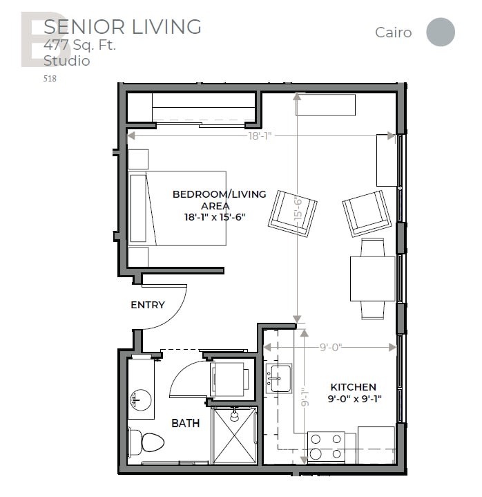 A floor plan for a senior living apartment unit.