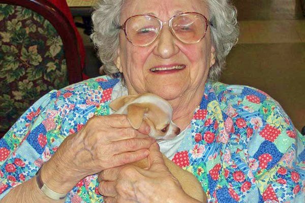 An elderly woman smiling while holding a small puppy.