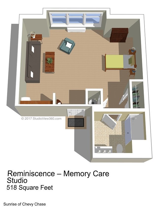 A 3D floor plan of a Reminiscence Memory Care Studio showcasing the layout and furniture arrangement.