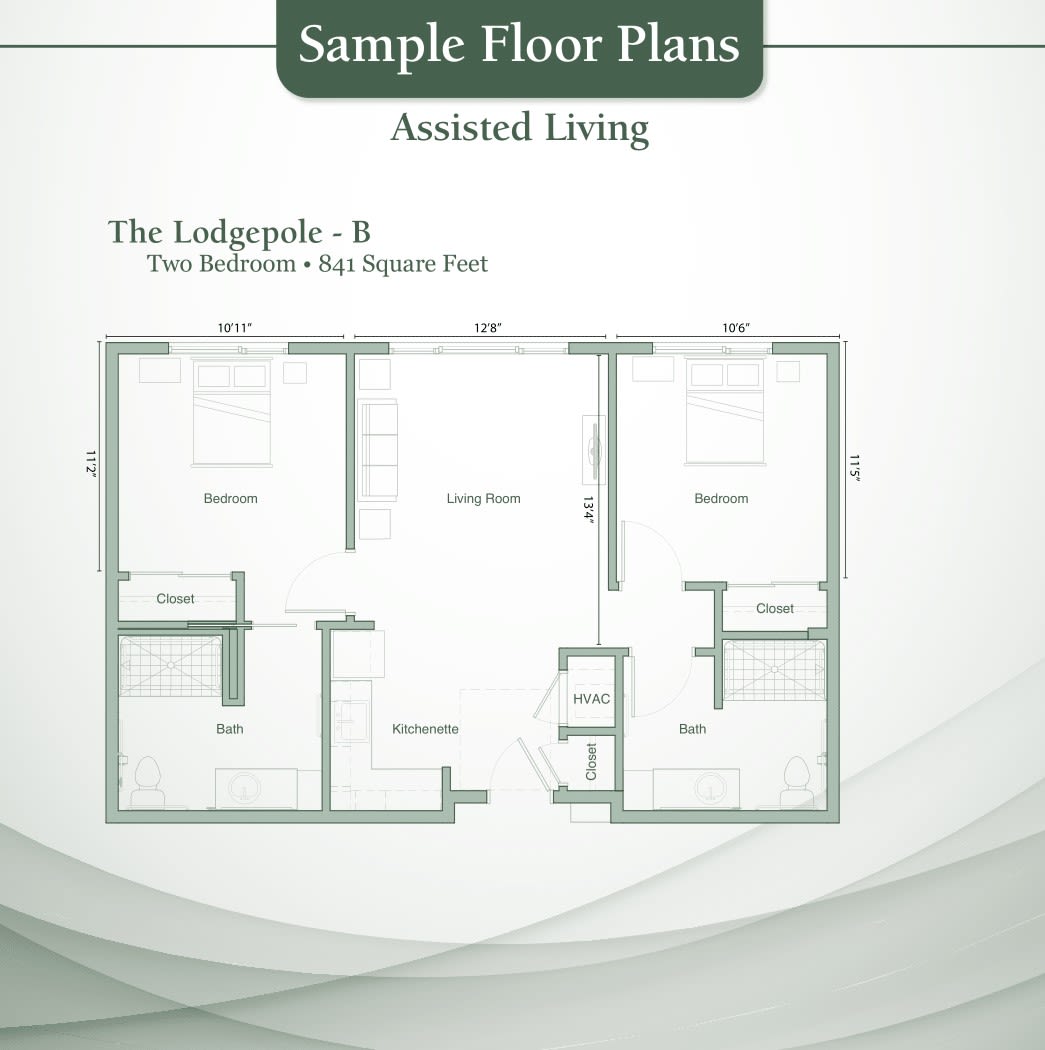 Sample floor plan for assisted living with two bedrooms and one bathroom.