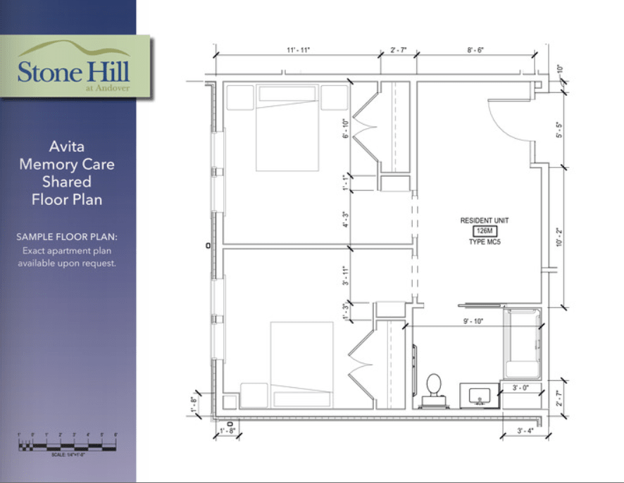 Architectural floor plan showing the layout of a residential care facility room.
