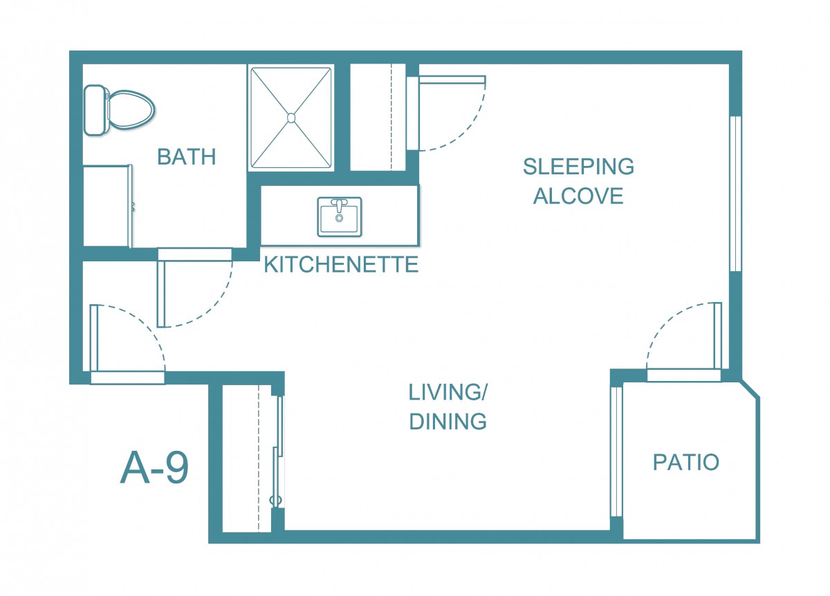 A floor plan of a studio apartment featuring a kitchenette, bathroom, living/dining area, sleeping alcove, and patio.