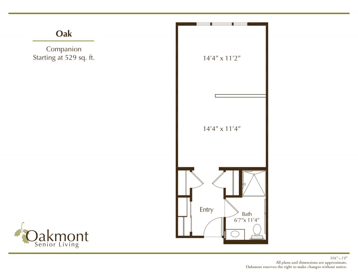 A floor plan of a studio apartment layout showing room dimensions and design.