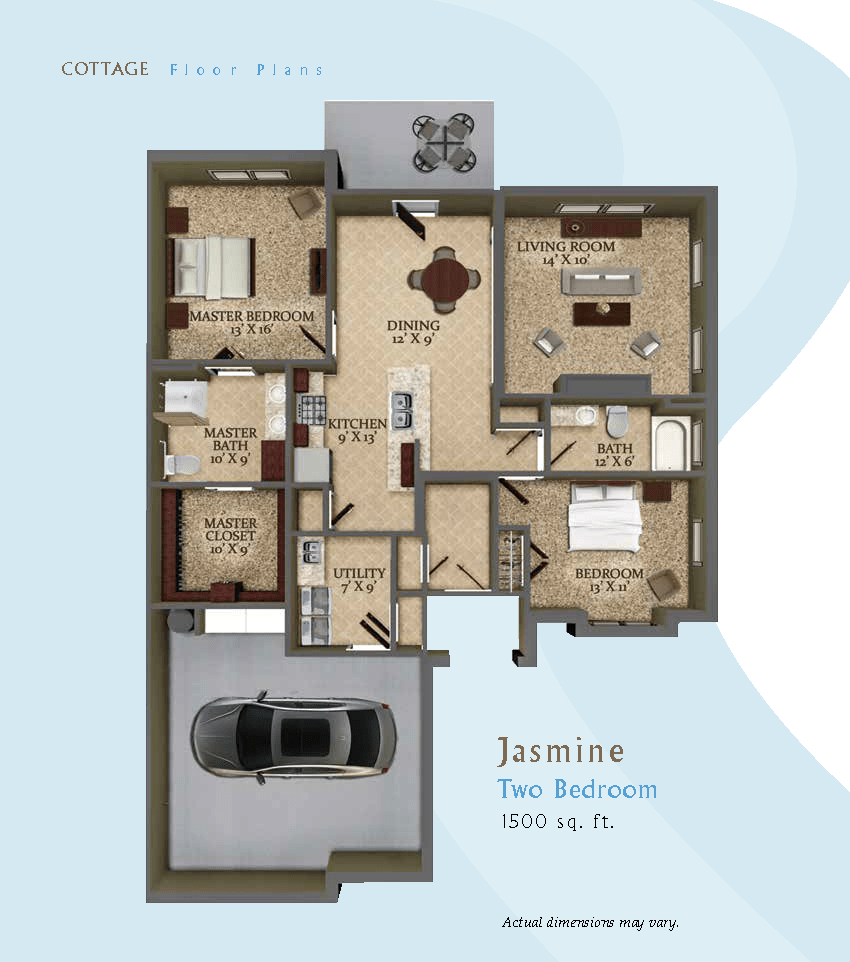 3D floor plan of a single-story house labeled 'Jasmine' with four bedrooms and a garage.