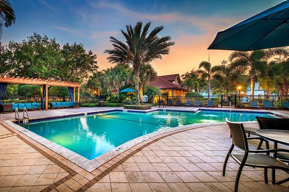 Beautiful resort swimming pool at sunset surrounded by palm trees.