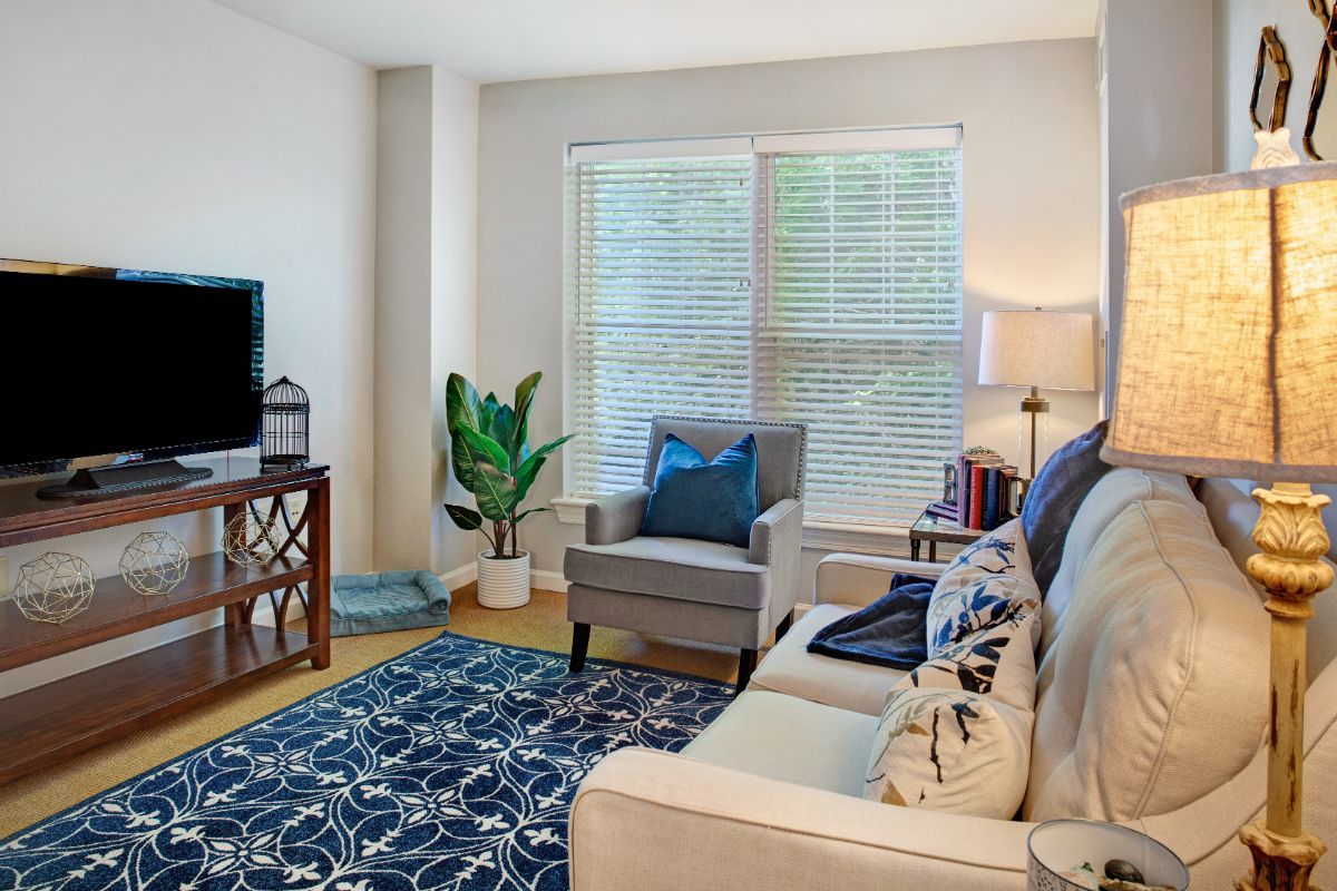 A cozy living room with a sofa, armchair, and decorative elements.
