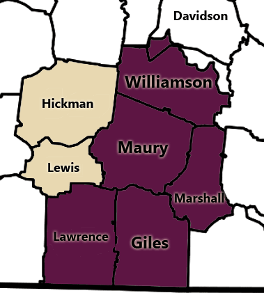 Map highlighting counties in Tennessee, including Williamson, Maury, Lawrence, and Giles.