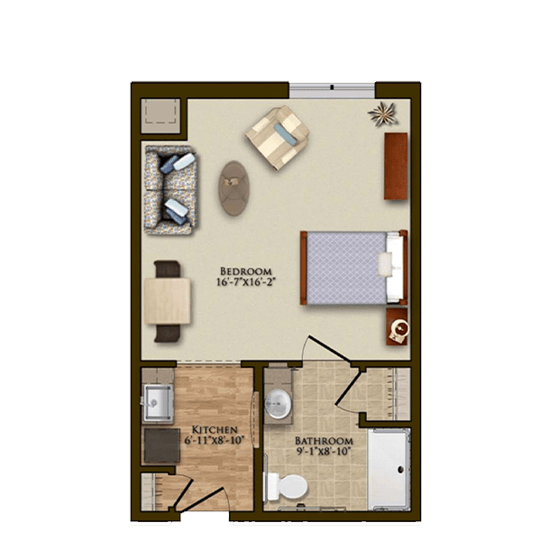 A floor plan of a studio apartment featuring a living and sleeping area, kitchen, and bathroom.