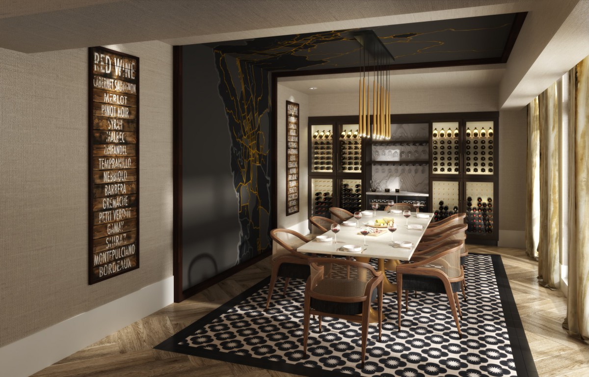 A luxurious dining room featuring a sleek wine cellar and modern decor.