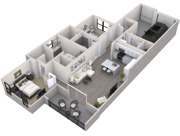 A 3D floor plan of an apartment showing a detailed layout with furniture arrangement.