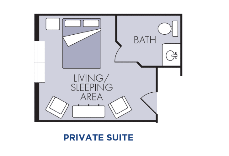 Floor plan of a private suite with a living/sleeping area and a bathroom.