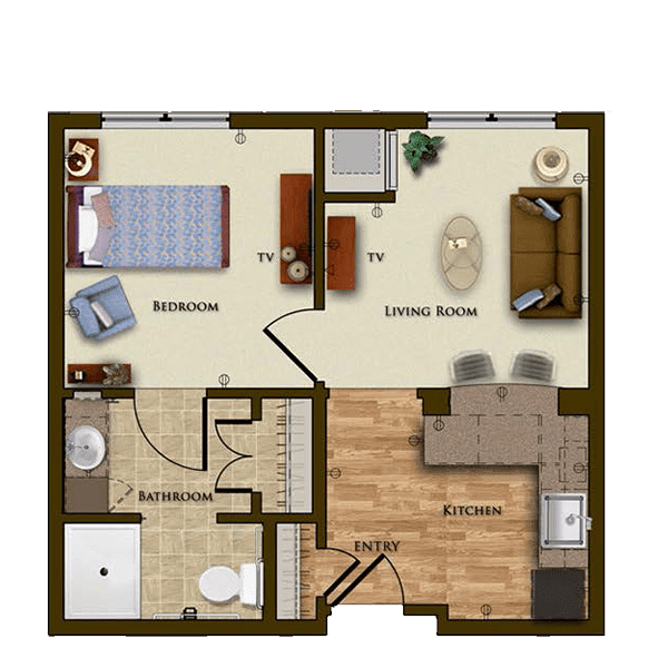 A one-bedroom apartment floor plan featuring a living room, kitchen, and bathroom.