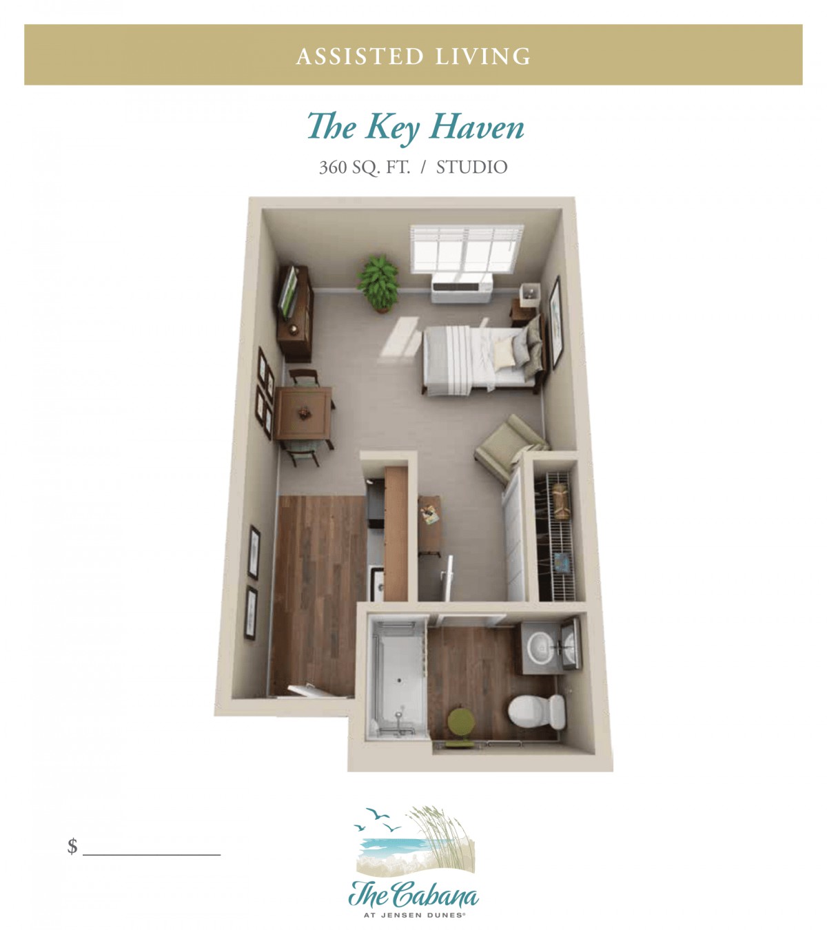 A 3D floor plan of a one-bedroom apartment labeled 'The Key Haven', featuring a living area, kitchen, bedroom, and bathroom.
