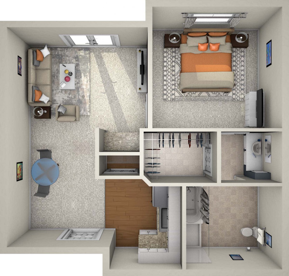 A detailed floor plan of a one-bedroom apartment, featuring a living room, kitchen, and bathroom.
