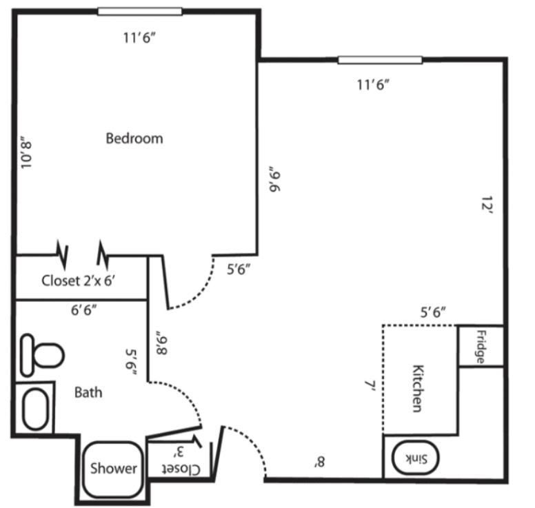 A floor plan of a one-bedroom apartment featuring a kitchen, bathroom, living room, and closet.