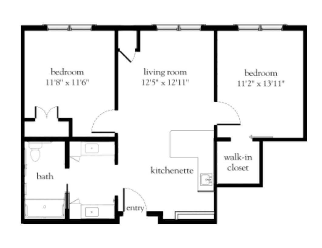 A detailed floor plan of a two-bedroom apartment with living room, kitchen, and walk-in closet.