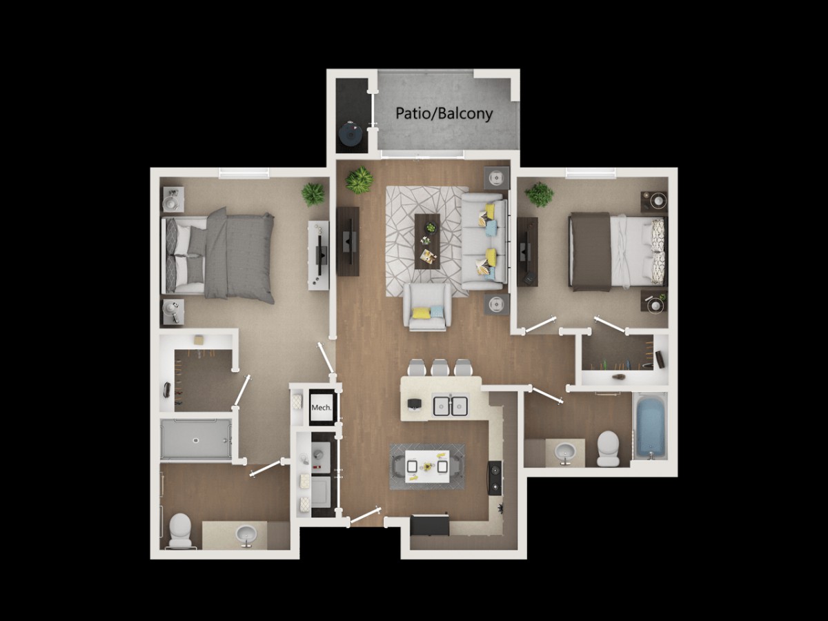 A floor plan of a two-bedroom apartment featuring a kitchen, living area, and bathrooms.