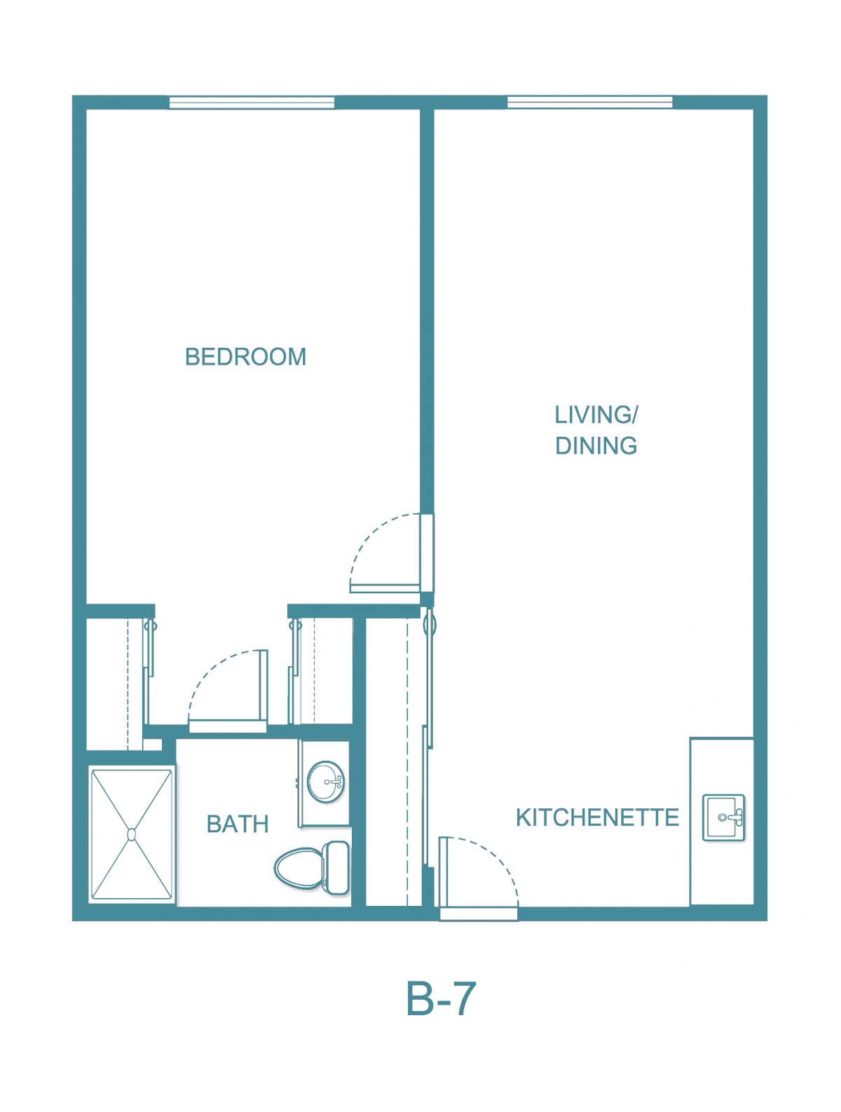 A simple floor plan of a one-bedroom apartment with a living/dining area, bathroom, and kitchenette.