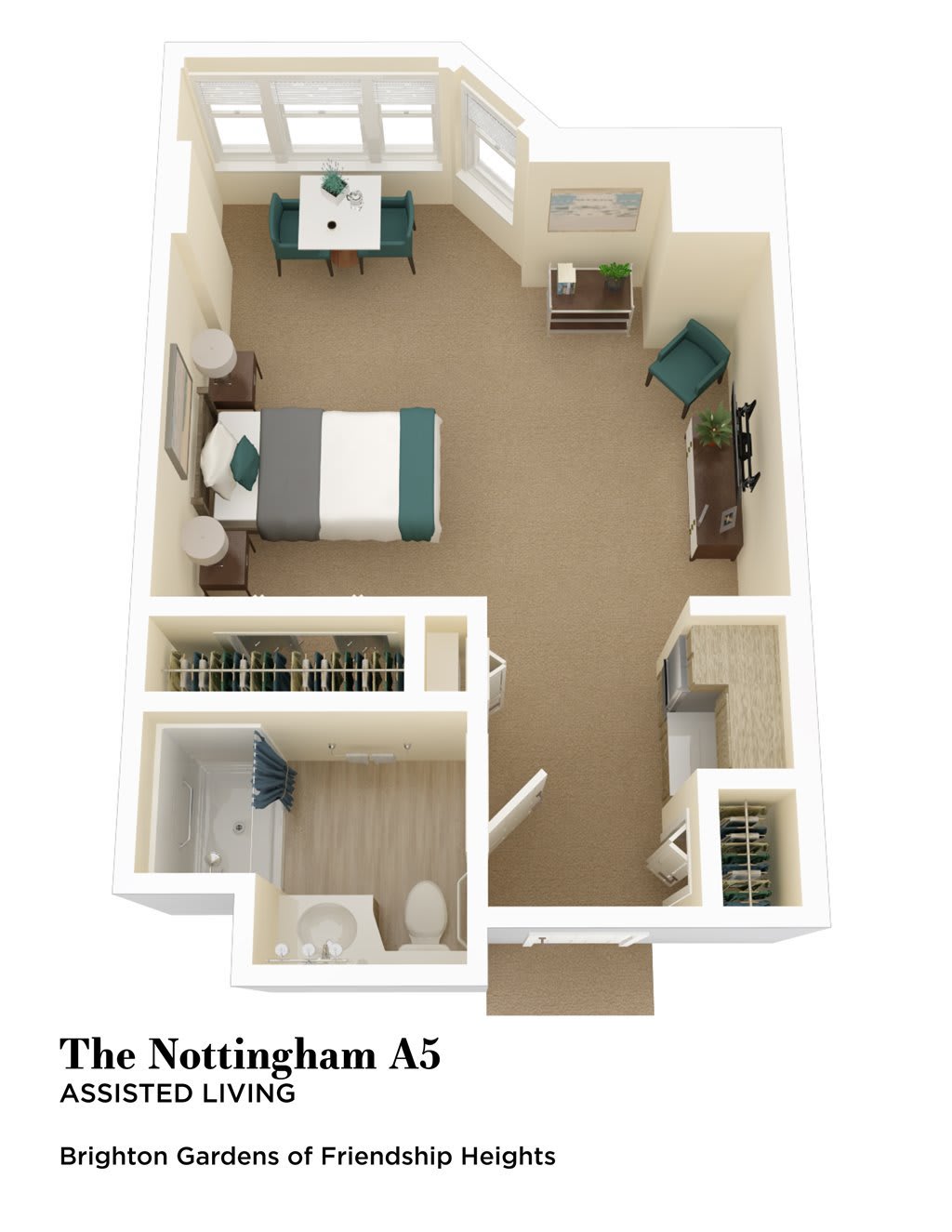 A 3D floor plan of The Nottingham A5 apartment, featuring a single bedroom, bathroom, kitchen, and living area.