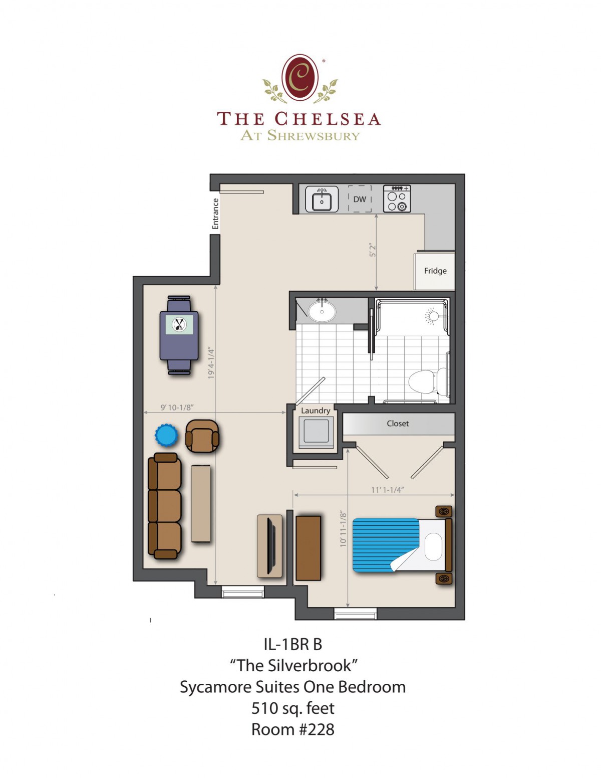 Floor plan of a one-bedroom apartment with a living room, kitchen, and bathroom.