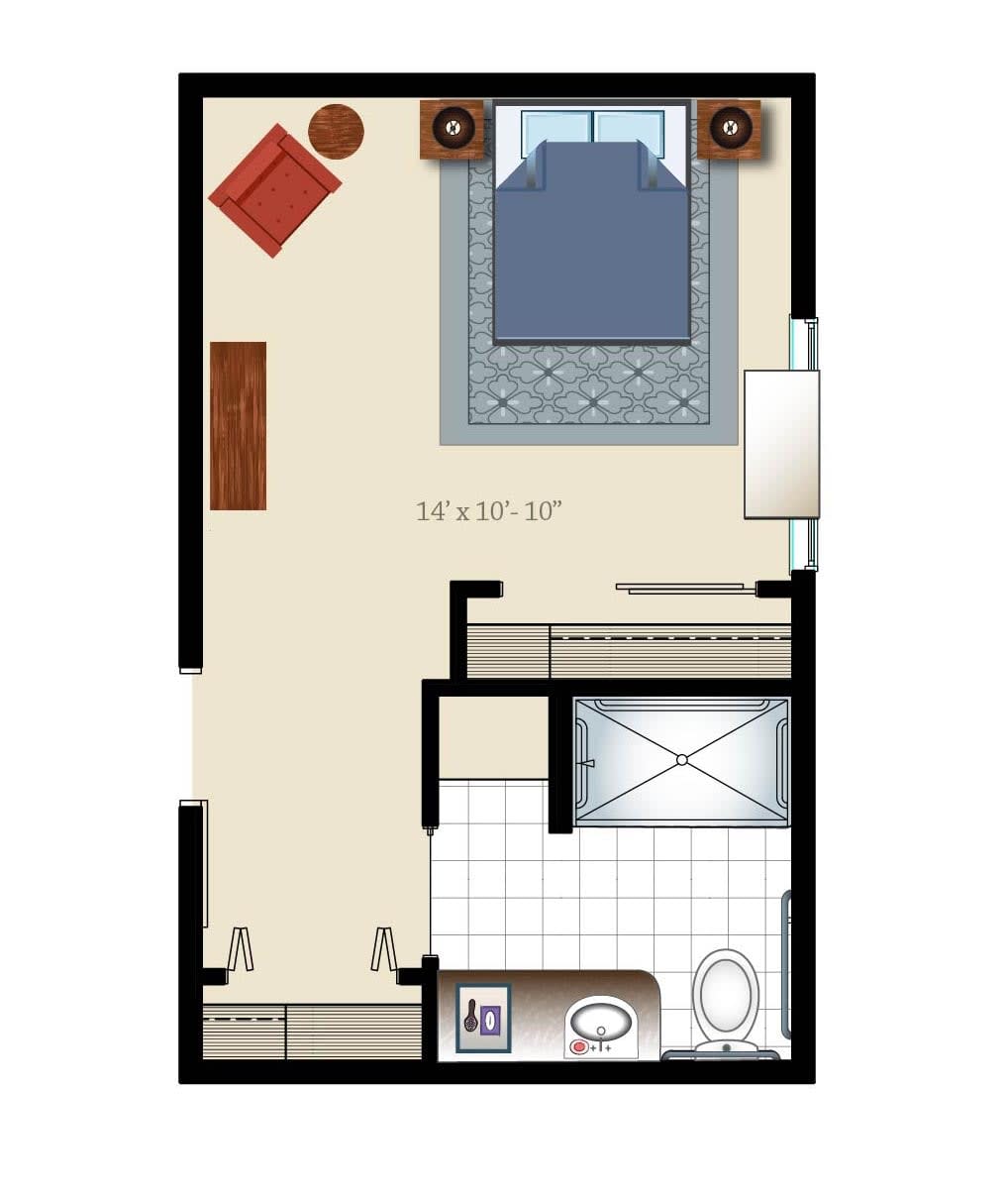 A floor plan of a studio apartment featuring a bedroom area, bathroom, and furniture layout.