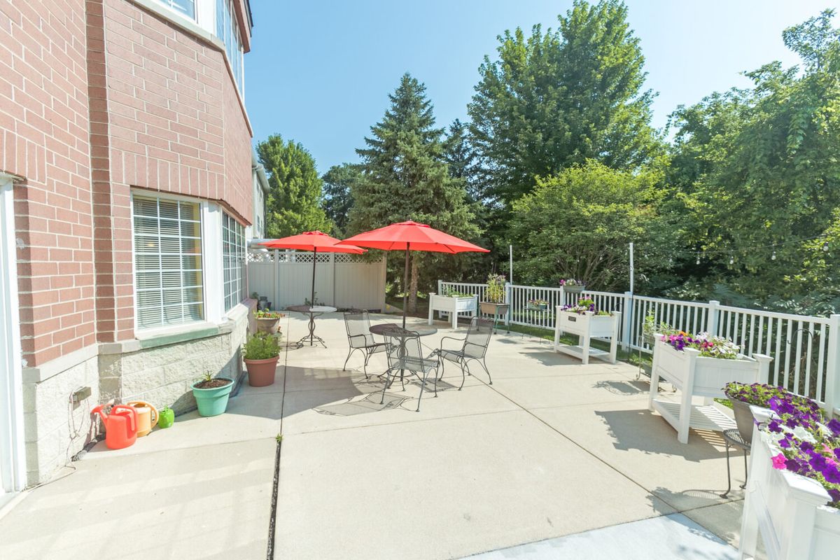 A sunny patio with tables, chairs, and red umbrellas, surrounded by trees.
