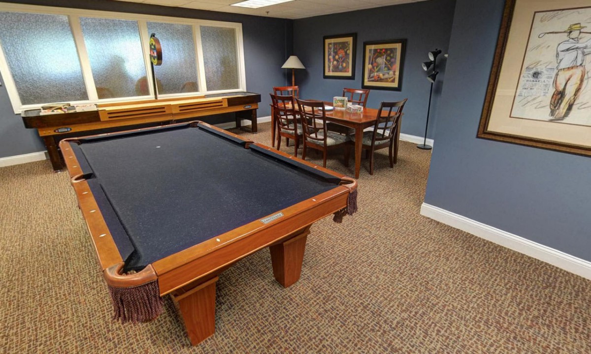 A cozy game room featuring a billiards table, shuffleboard, and a seating area with chairs.